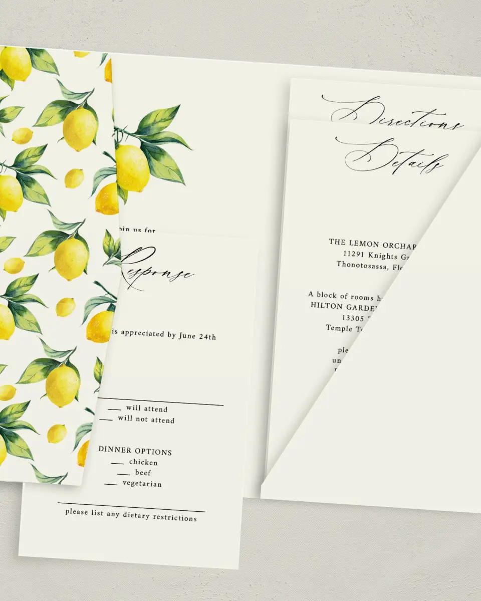 This is a 5" x 7⅞" Pocket Wedding Invitation called Antique Lemon printed in full color with Gold foil on Luxe Satin (coated) paper