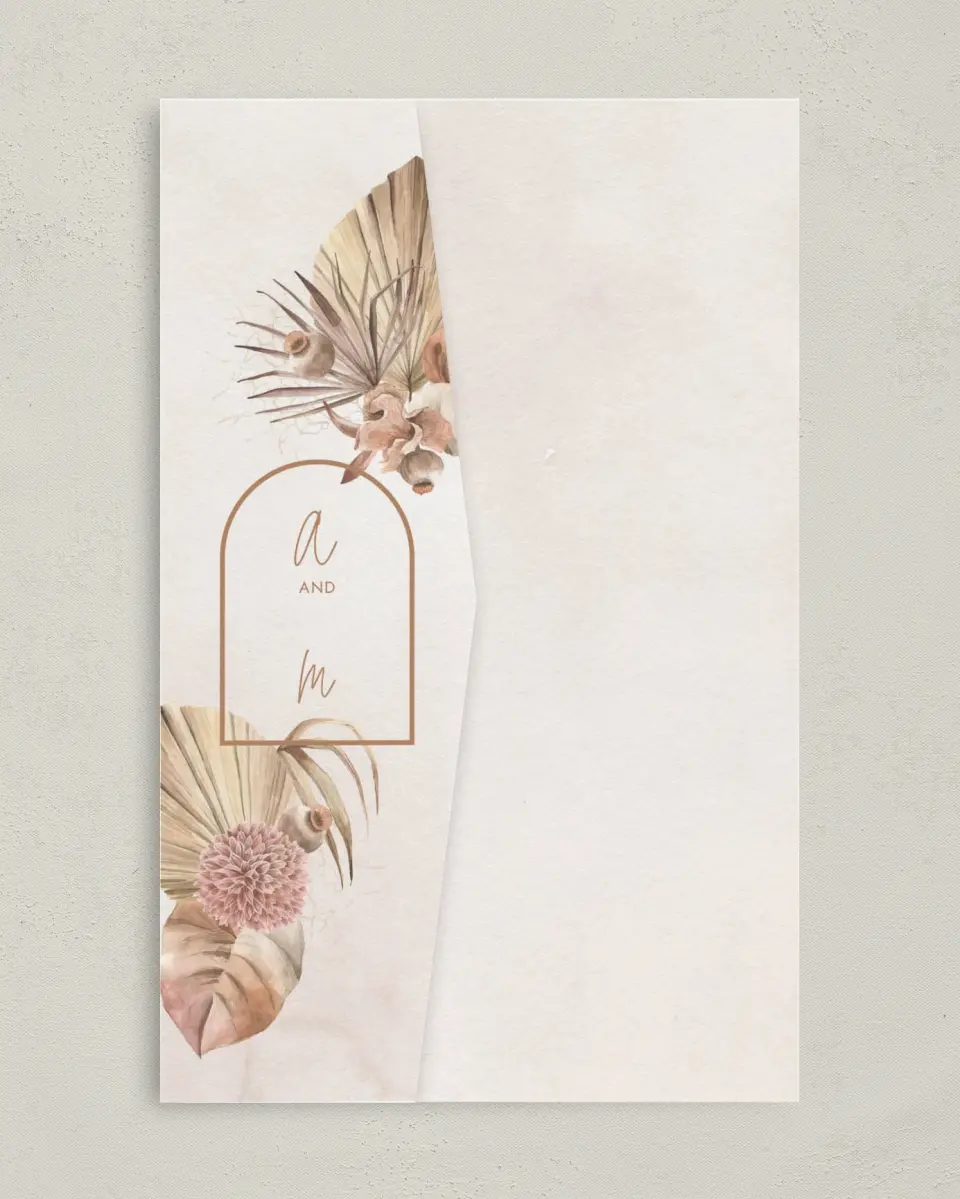This is a 5" x 7⅞" Pocket Wedding Invitation called Boho Blooms printed in full color on Premium Smooth paper