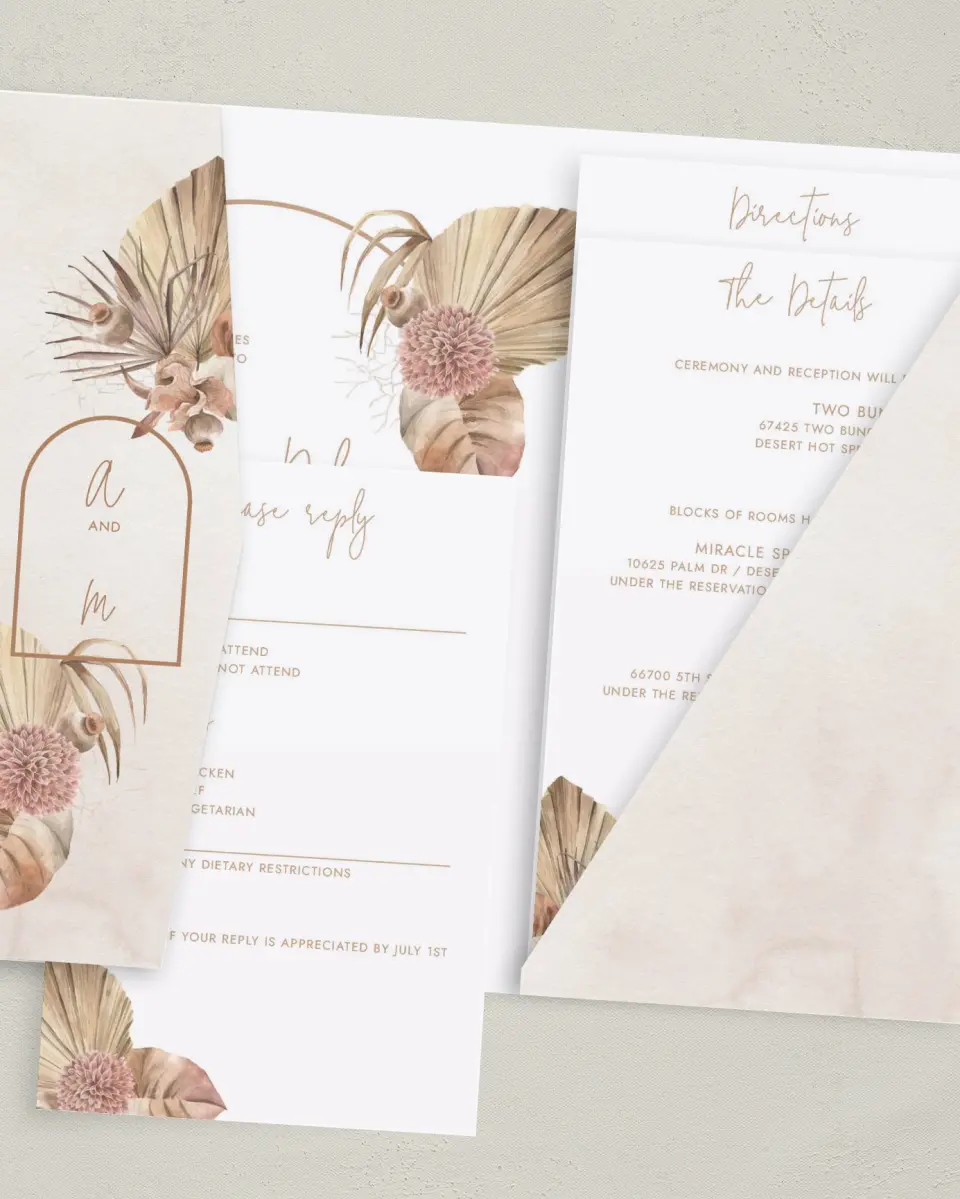 This is a 5" x 7⅞" Pocket Wedding Invitation called Boho Blooms printed in full color with Gold foil on Luxe Satin (coated) paper