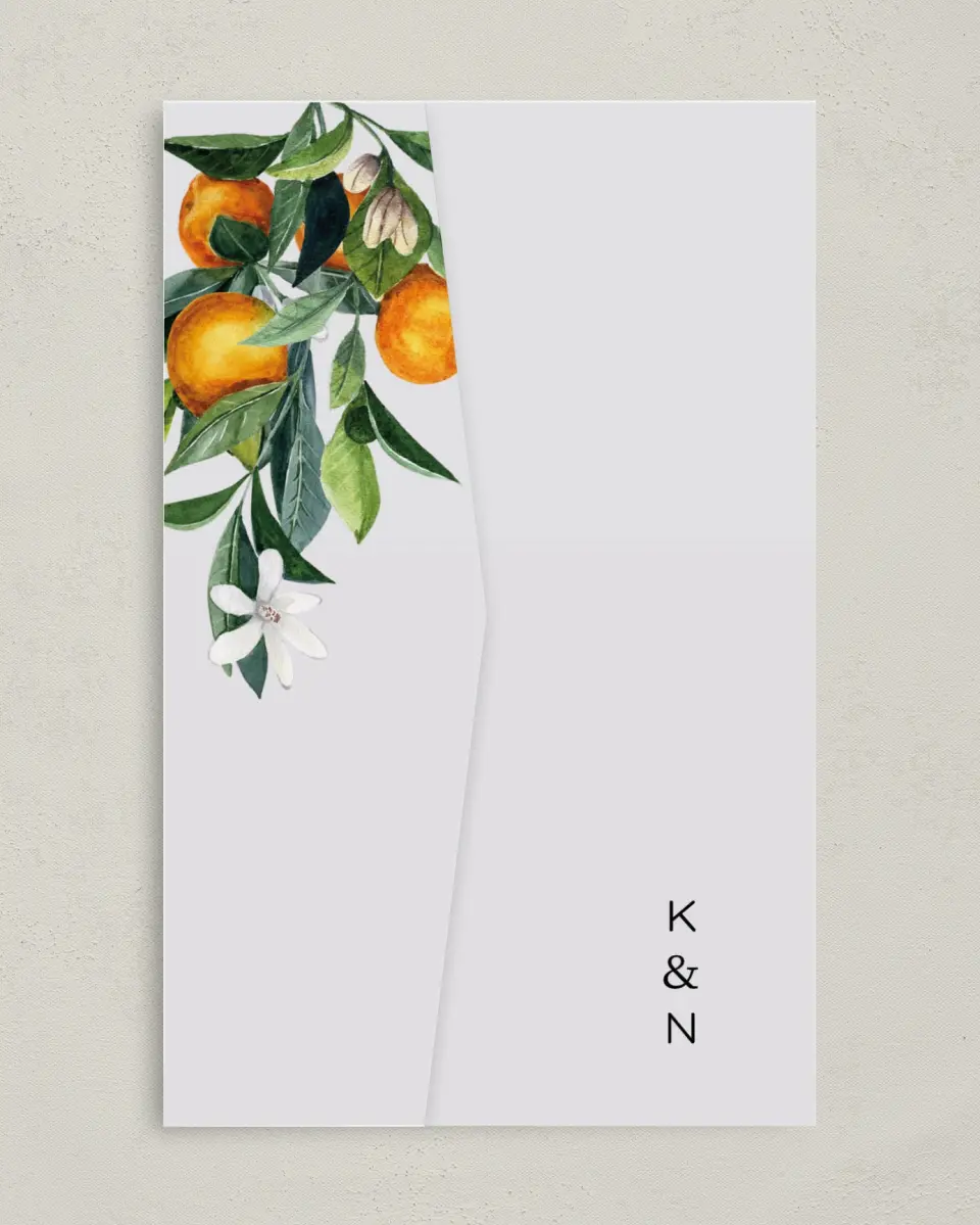 This is a 5" x 7⅞" Pocket Wedding Invitation called Mod Citrus printed in full color on Premium Smooth paper