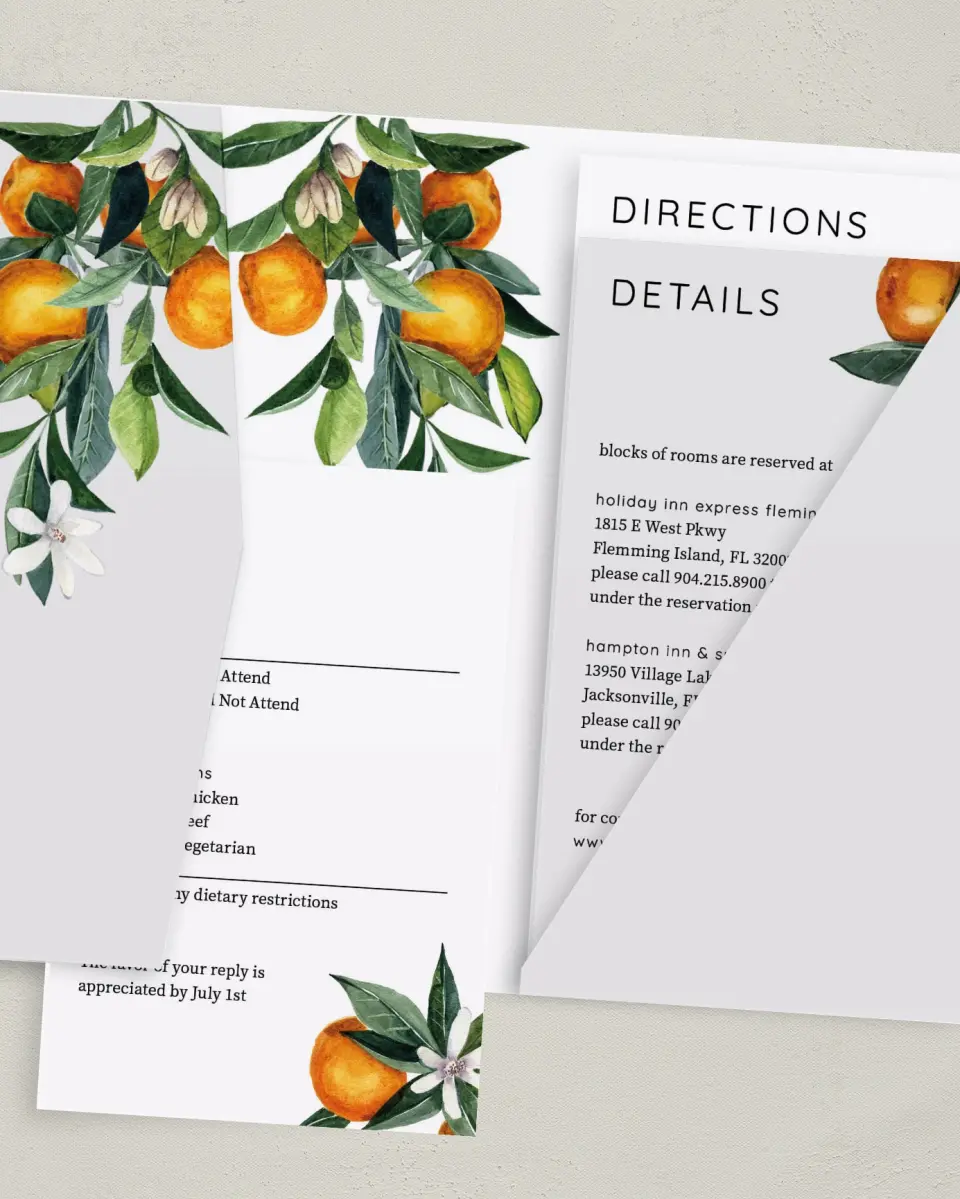This is a 5" x 7⅞" Pocket Wedding Invitation called Mod Citrus printed in full color with Gold foil on Luxe Satin (coated) paper