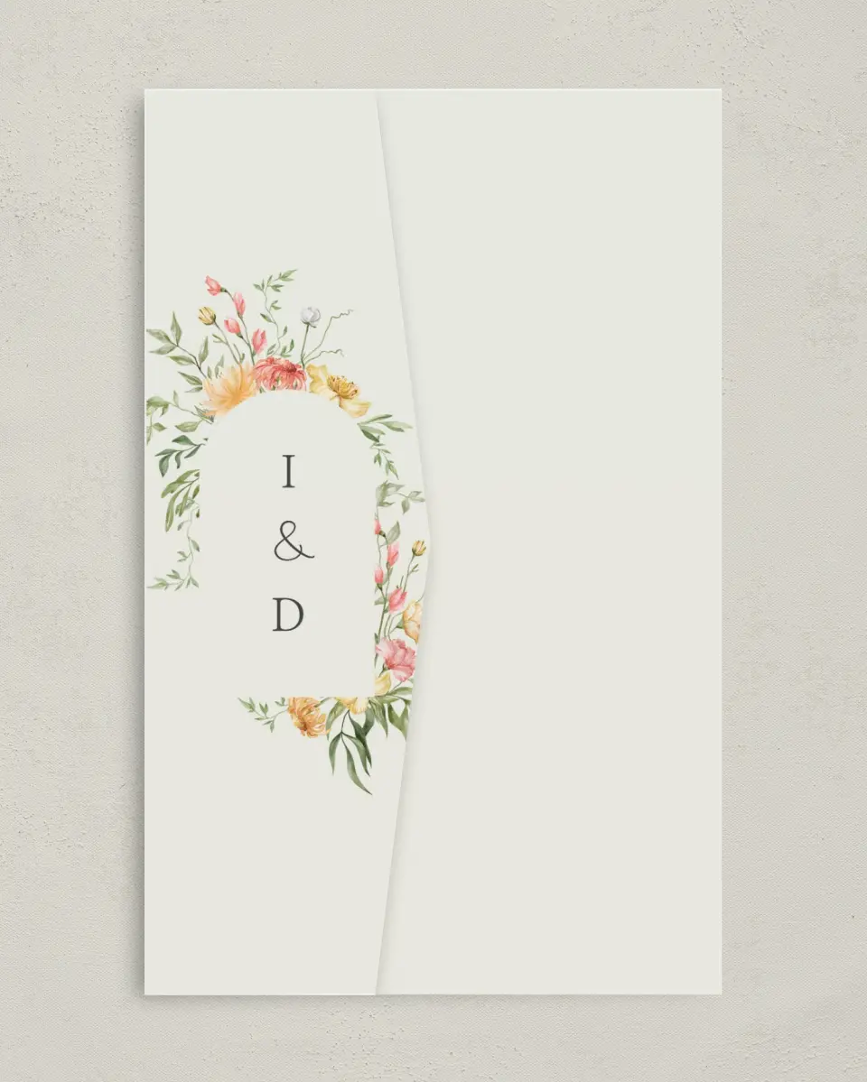 This is a 5" x 7⅞" Pocket Wedding Invitation called Secluded Blooms printed in full color on Premium Smooth paper