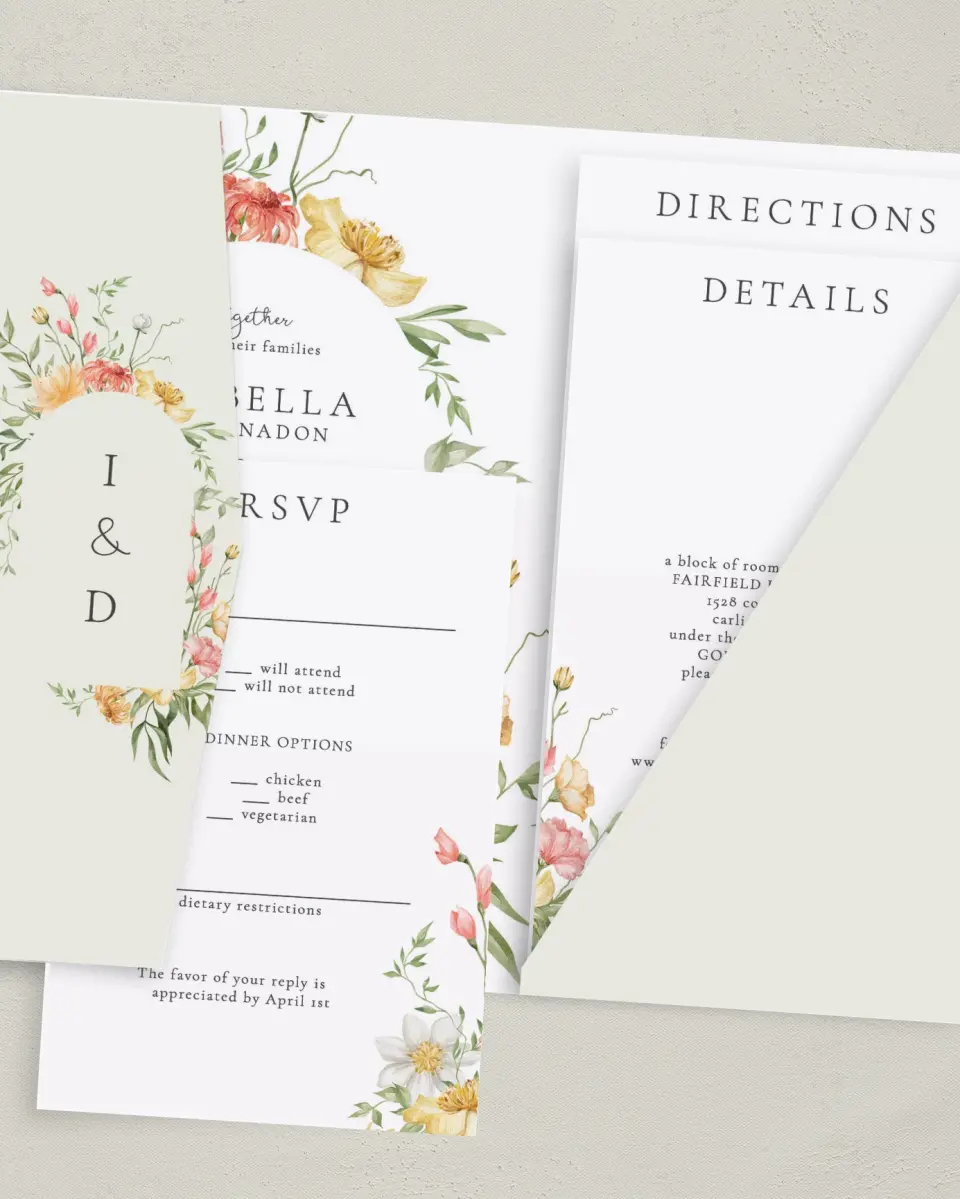 This is a 5" x 7⅞" Pocket Wedding Invitation called Secluded Blooms printed in full color with Gold foil on Luxe Satin (coated) paper