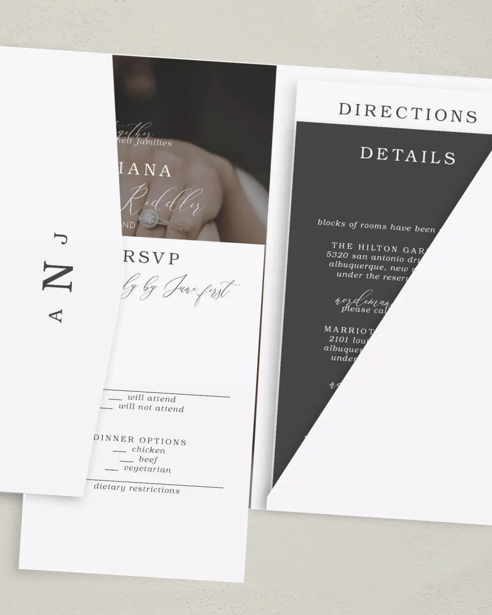 This is a 5" x 7⅞" Pocket Wedding Invitation called Flawless Photo printed in full color with Gold foil on Luxe Satin (coated) paper