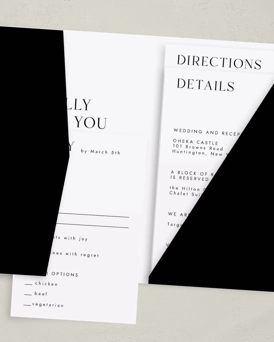 This is a 5" x 7⅞" Pocket Wedding Invitation called Spacious Idea printed in full color on Premium Smooth paper