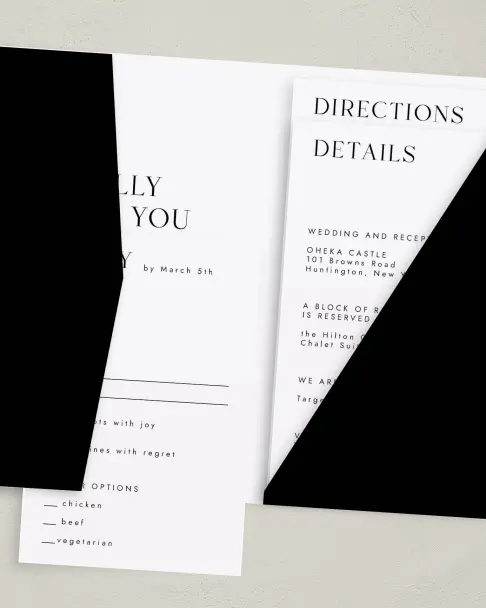 This is a 5" x 7⅞" Pocket Wedding Invitation called Spacious Idea printed in full color on Premium Smooth paper