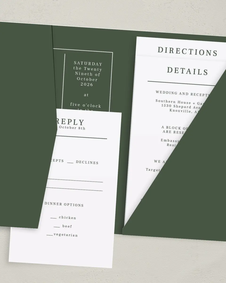 This is a 5" x 7⅞" Pocket Wedding Invitation called Magnificent Margin printed in full color on Premium Smooth paper