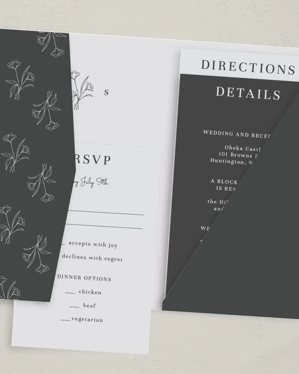 This is a 5" x 7⅞" Pocket Wedding Invitation called Monogram Bloom printed in full color with Gold foil on Luxe Satin (coated) paper