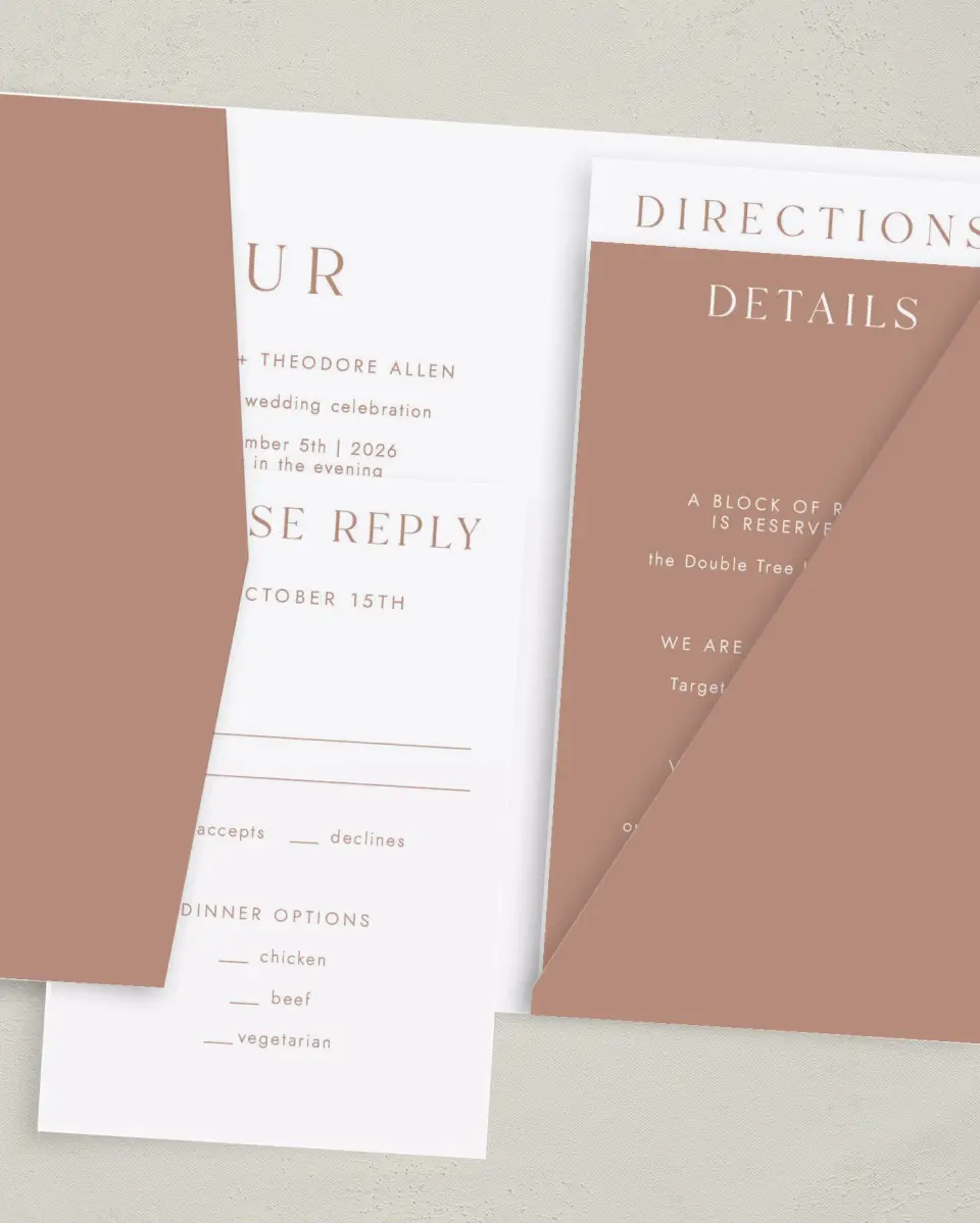 This is a 5" x 7⅞" Pocket Wedding Invitation called Stacked Pair printed in full color with Gold foil on Luxe Satin (coated) paper