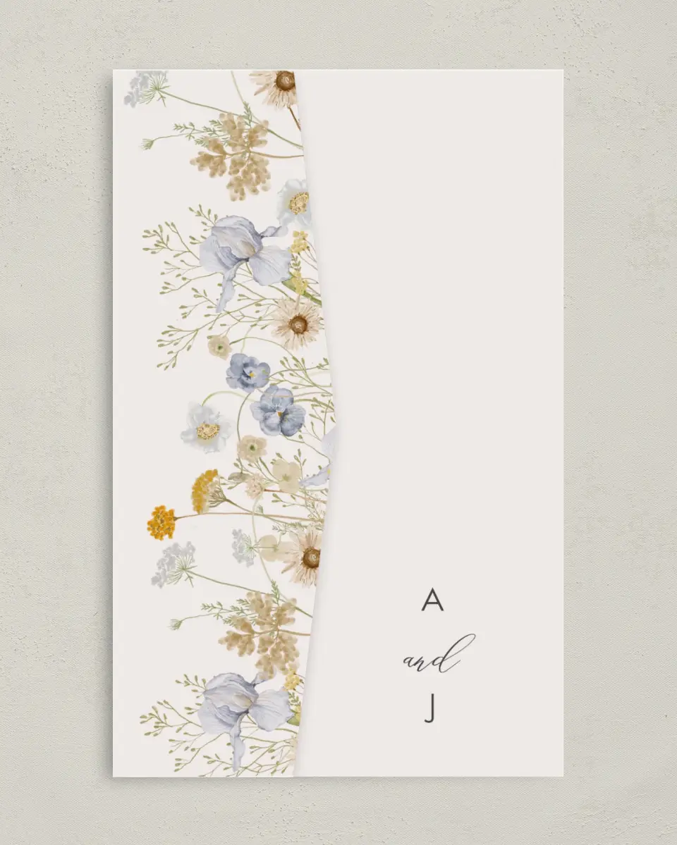 This is a 5" x 7⅞" Pocket Wedding Invitation called Tender Blooms printed in full color on Premium Smooth paper