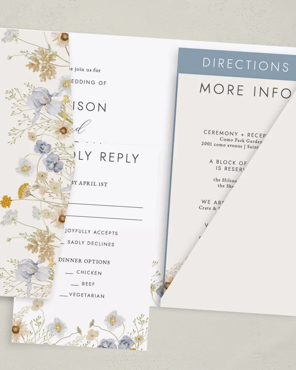 This is a 5" x 7⅞" Pocket Wedding Invitation called Tender Blooms printed in full color with Gold foil on Luxe Satin (coated) paper