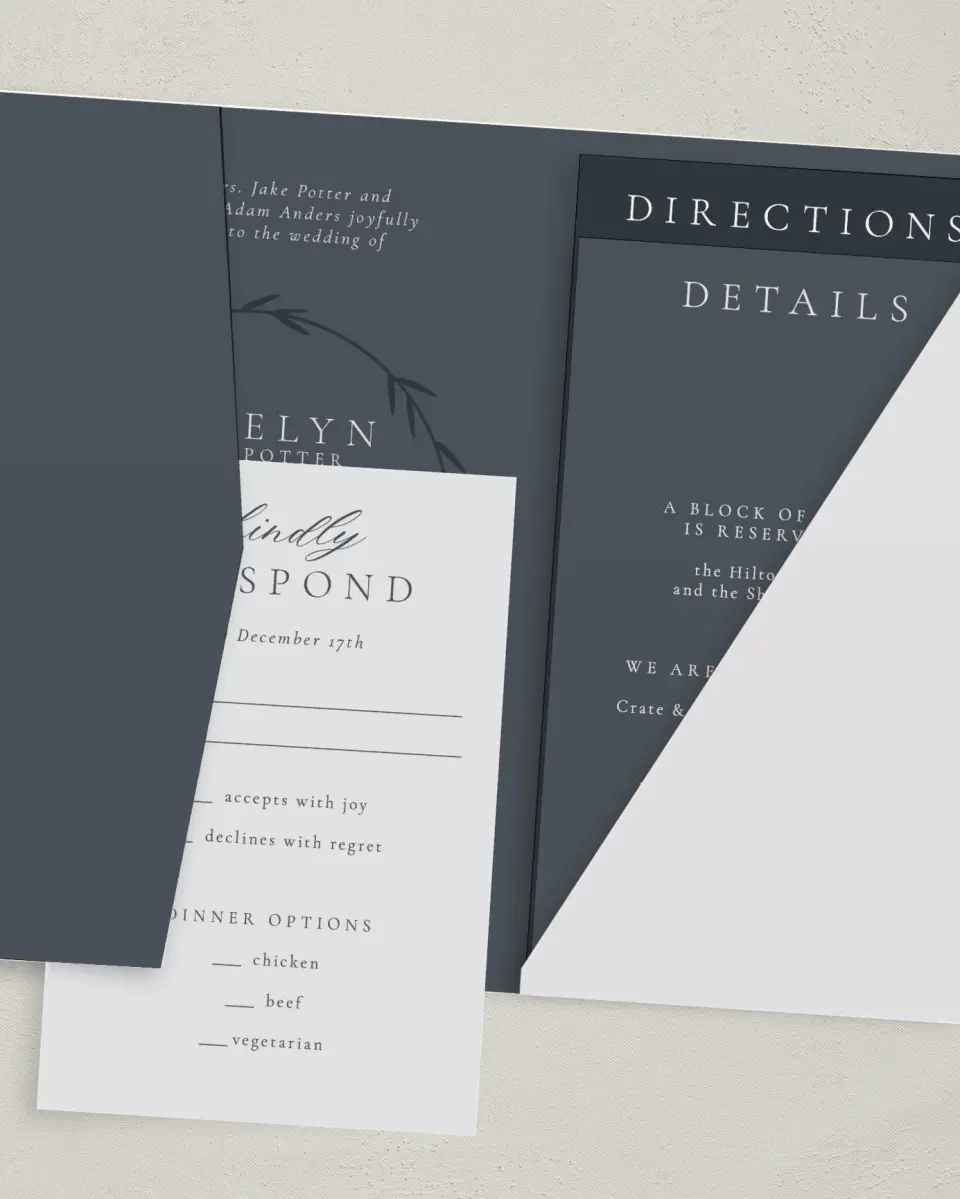 This is a 5" x 7⅞" Pocket Wedding Invitation called Subtle Wreath printed in full color on Premium Smooth paper