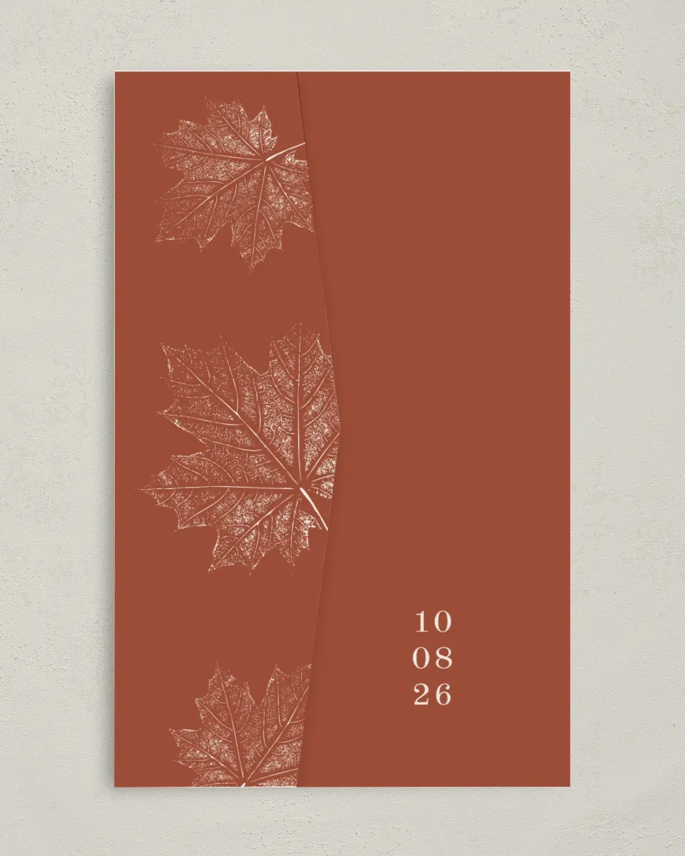 This is a 5" x 7⅞" Pocket Wedding Invitation called Turning Leaves printed in full color on Premium Smooth paper