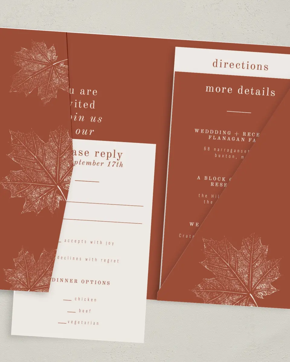 This is a 5" x 7⅞" Pocket Wedding Invitation called Turning Leaves printed in full color with Gold foil on Luxe Satin (coated) paper
