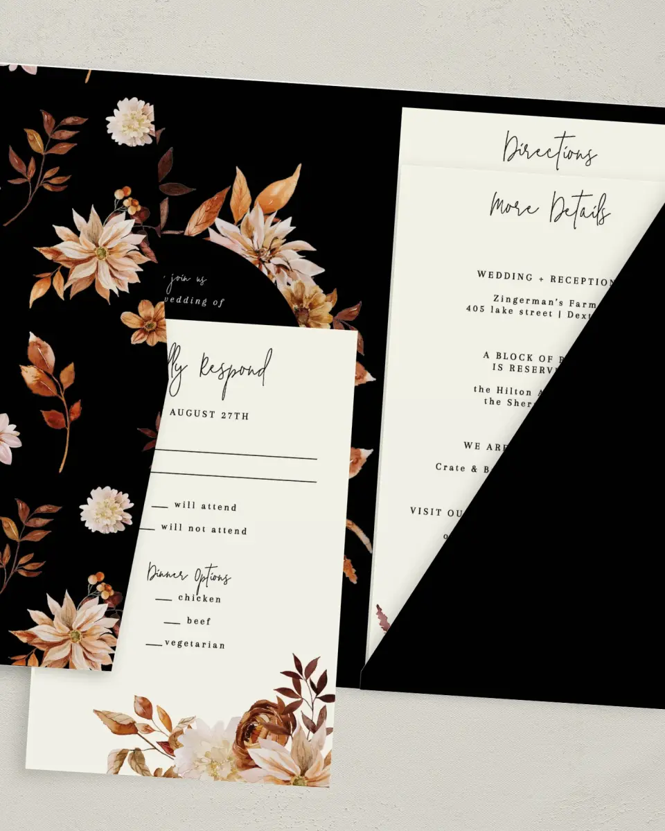 This is a 5" x 7⅞" Pocket Wedding Invitation called Country Blooms printed in full color with Gold foil on Luxe Satin (coated) paper