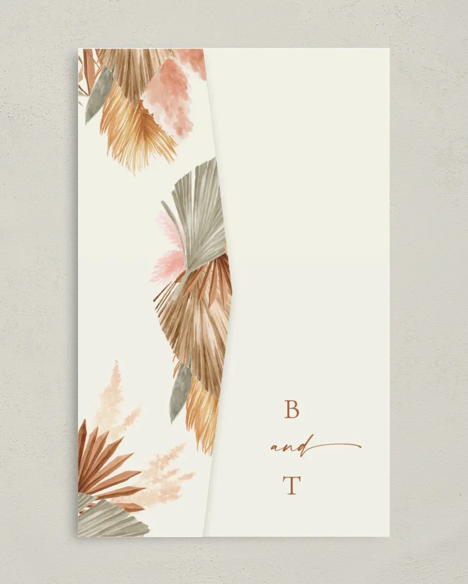 This is a 5" x 7⅞" Pocket Wedding Invitation called Sandy Fronds printed in full color on Premium Smooth paper