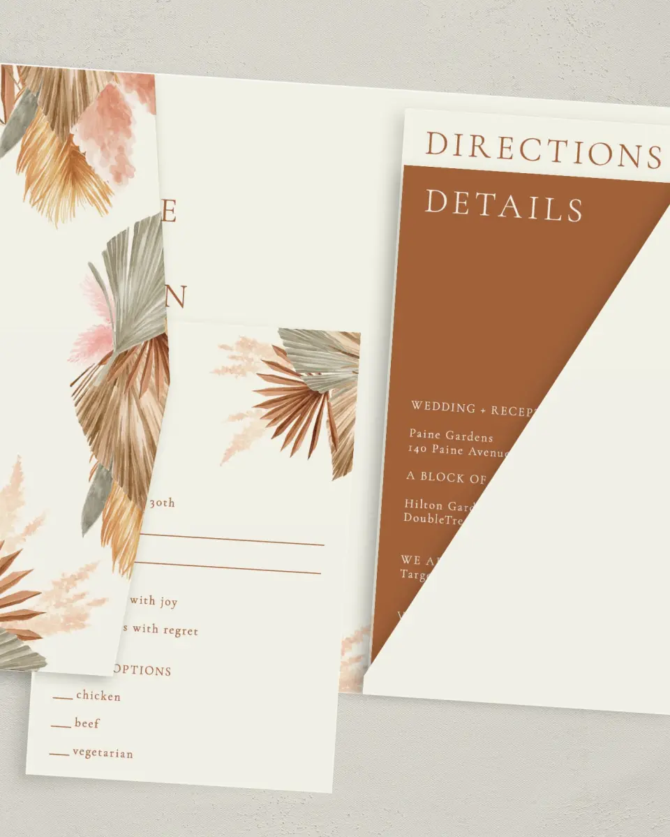 This is a 5" x 7⅞" Pocket Wedding Invitation called Sandy Fronds printed in full color with Gold foil on Luxe Satin (coated) paper