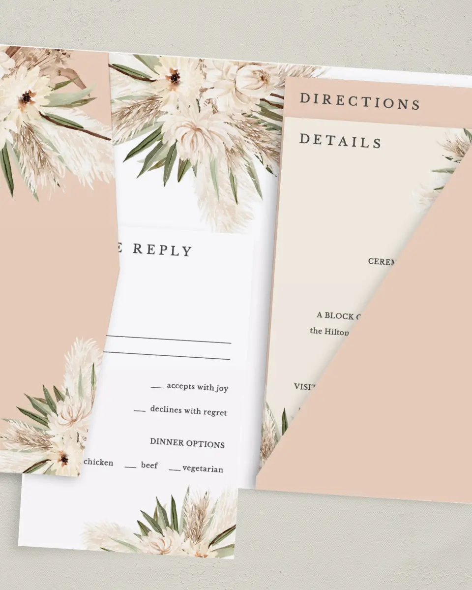 This is a 5" x 7⅞" Pocket Wedding Invitation called Natural Boho printed in full color with Gold foil on Luxe Satin (coated) paper