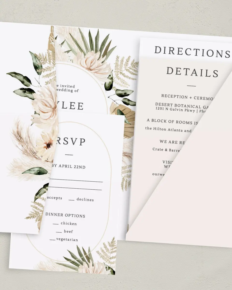 This is a 5" x 7⅞" Pocket Wedding Invitation called Serene Flora printed in full color on Premium Smooth paper
