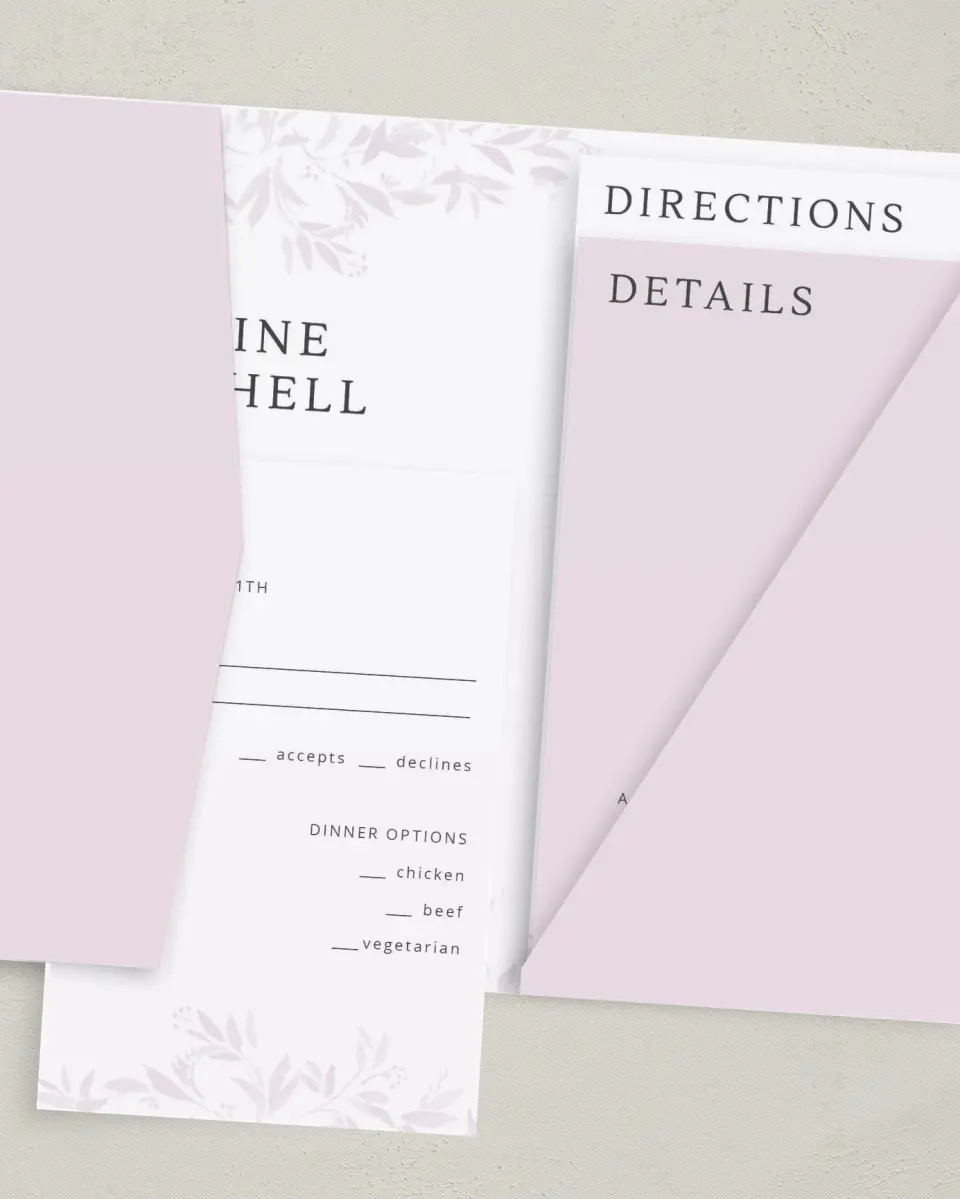 This is a 5" x 7⅞" Pocket Wedding Invitation called Lush Leaves printed in full color on Premium Smooth paper