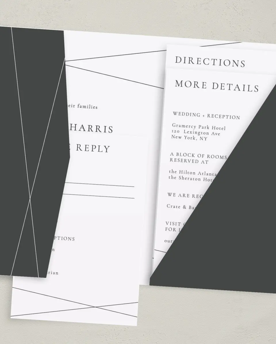 This is a 5" x 7⅞" Pocket Wedding Invitation called Distinct Lines printed in full color with Gold foil on Luxe Satin (coated) paper