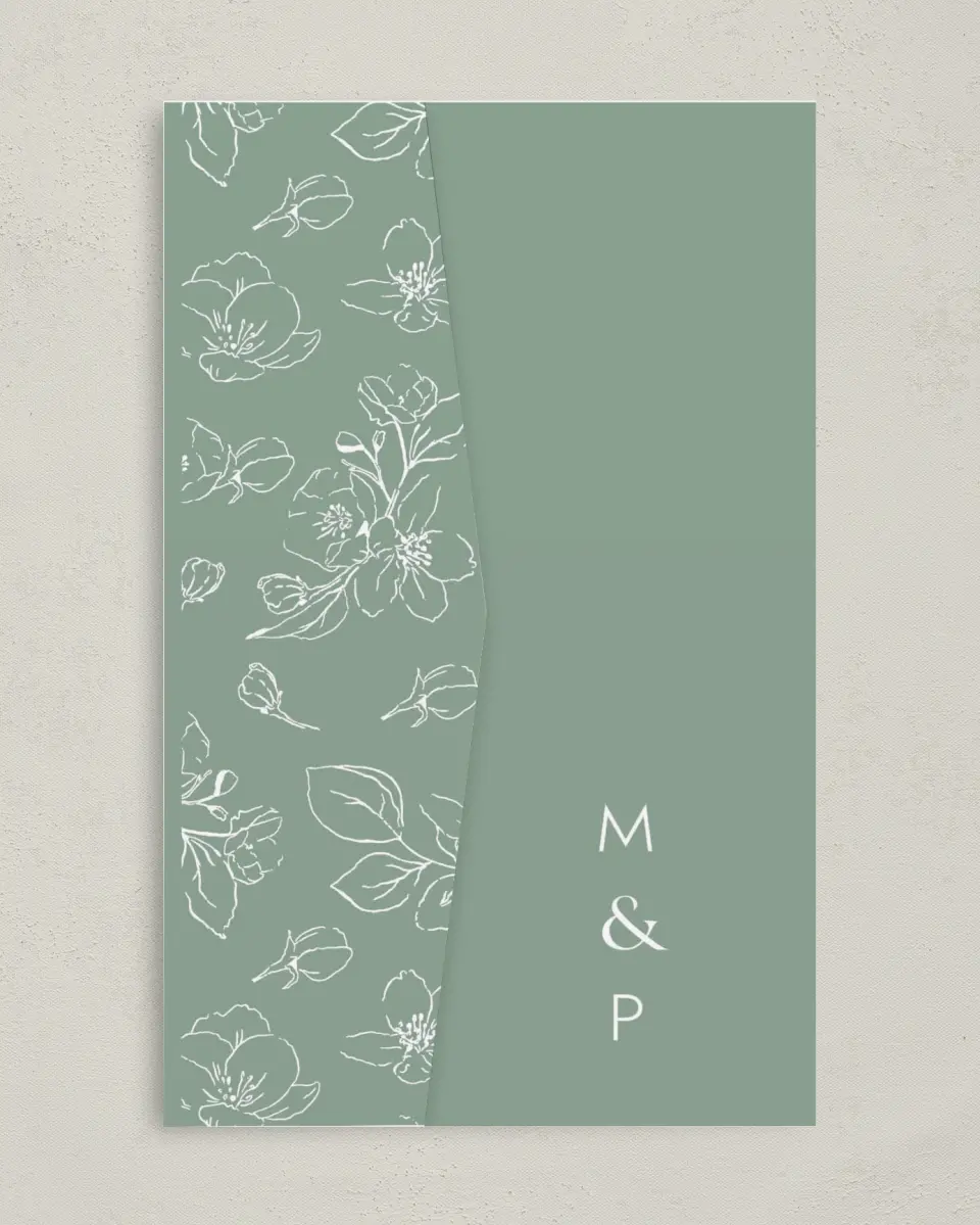 This is a 5" x 7⅞" Pocket Wedding Invitation called Blossoming Arch printed in full color on Premium Smooth paper