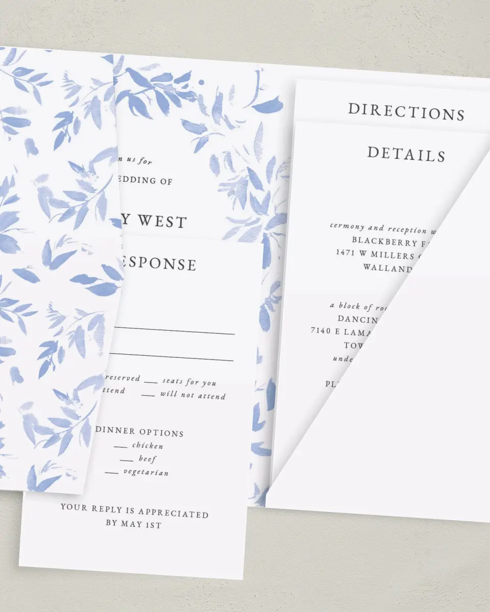 This is a 5" x 7⅞" Pocket Wedding Invitation called Soft Botanics printed in full color on Premium Smooth paper