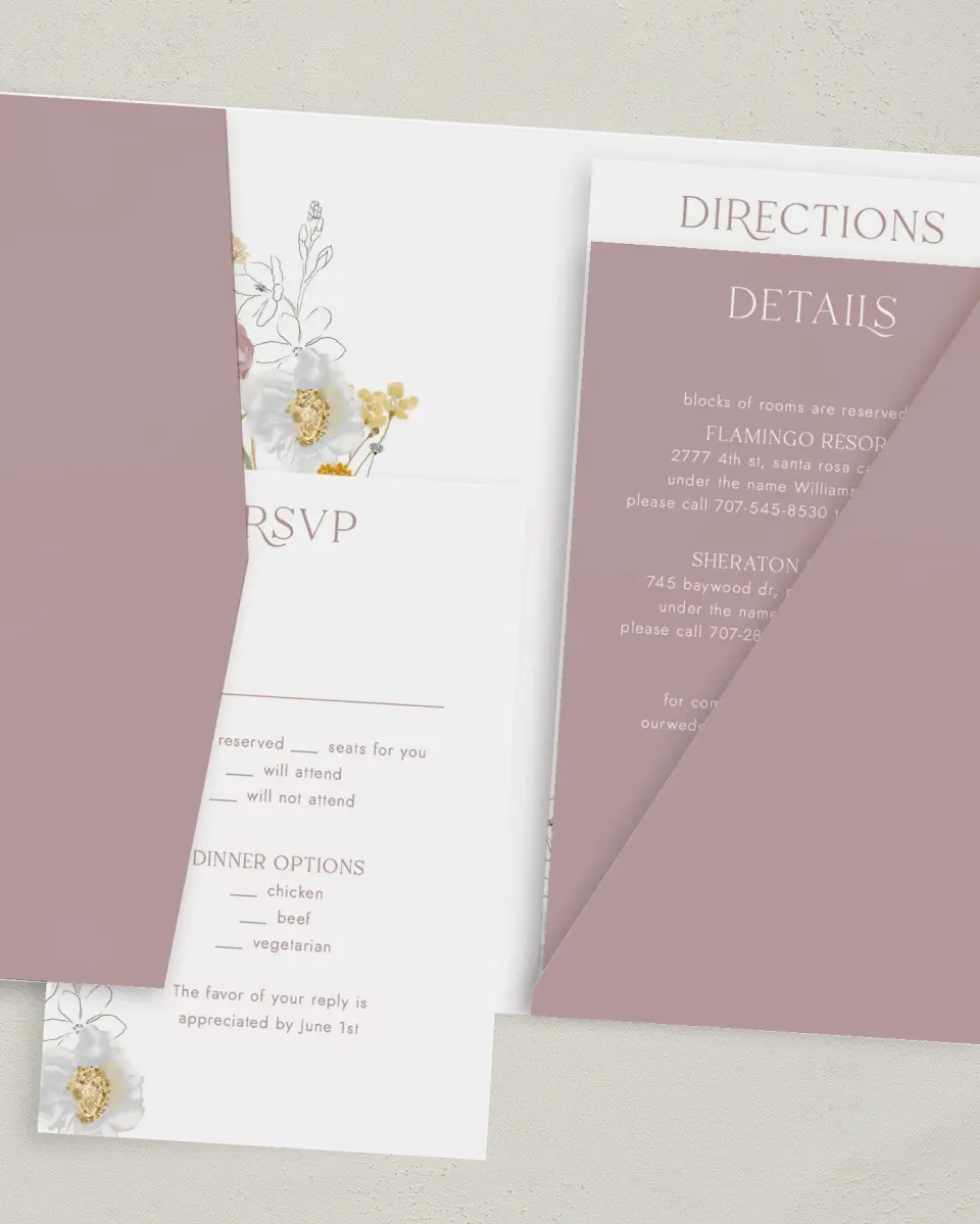 This is a 5" x 7⅞" Pocket Wedding Invitation called Enchanting Wildflowers printed in full color on Premium Smooth paper