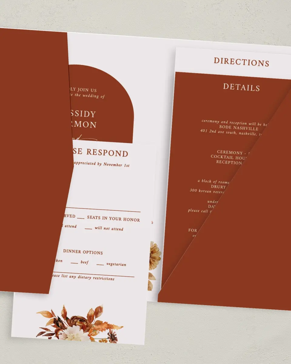 This is a 5" x 7⅞" Pocket Wedding Invitation called Autumn Florals printed in full color with Gold foil on Luxe Satin (coated) paper