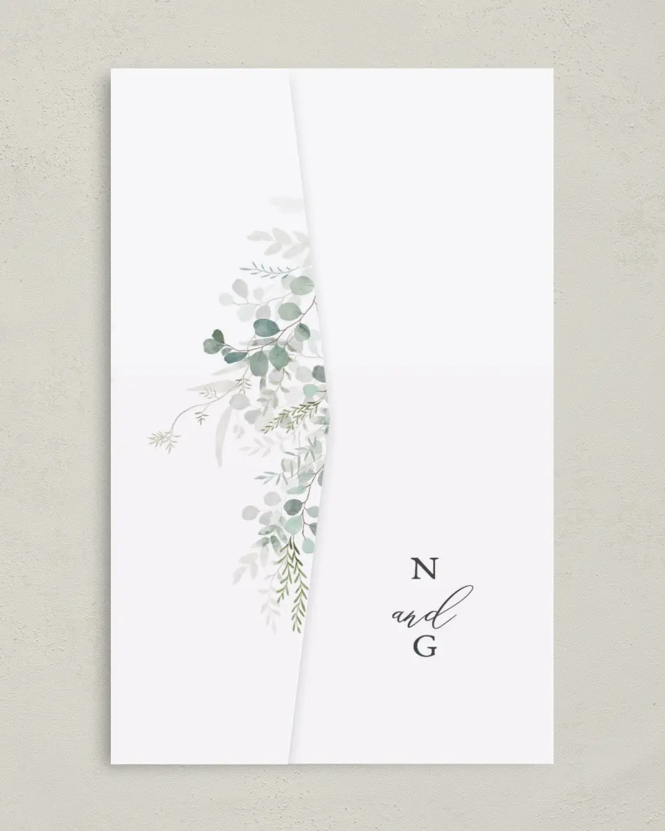 This is a 5" x 7⅞" Pocket Wedding Invitation called Elegant Greenery printed in full color on Premium Smooth paper