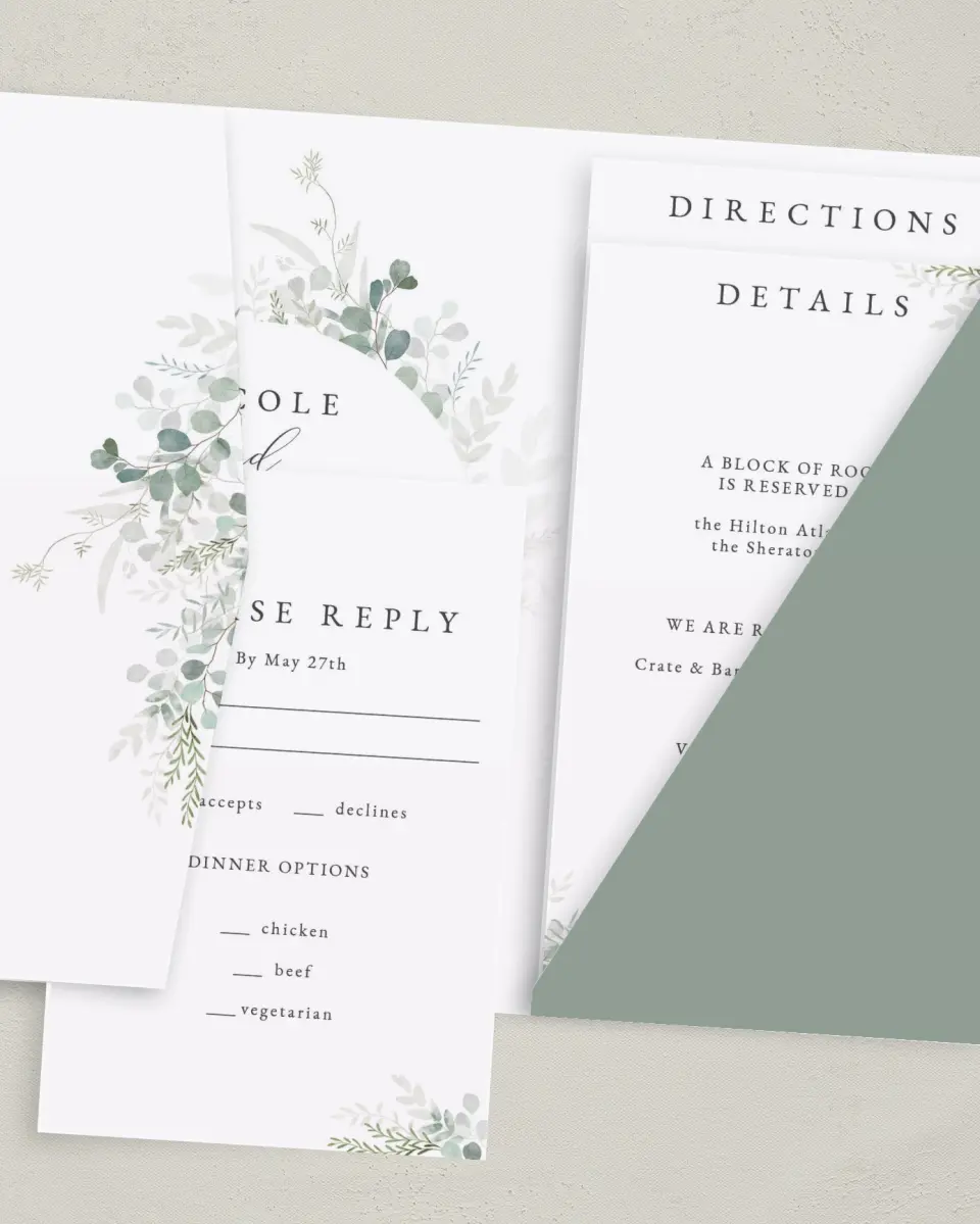 This is a 5" x 7⅞" Pocket Wedding Invitation called Elegant Greenery printed in full color with Rose Gold foil on Luxe Satin (coated) paper