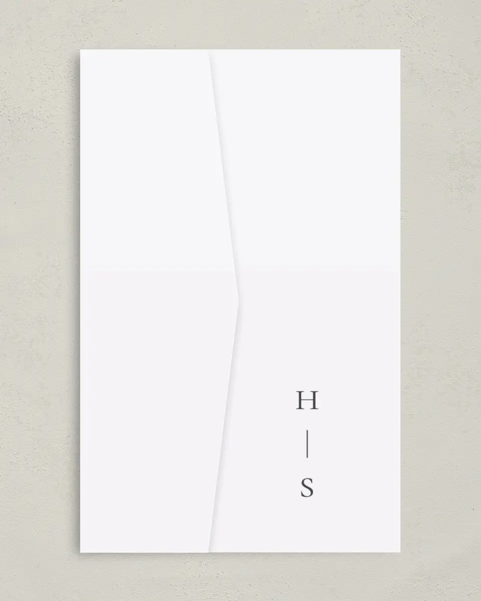 This is a 5" x 7⅞" Pocket Wedding Invitation called Quiet Scene printed in full color on Premium Smooth paper