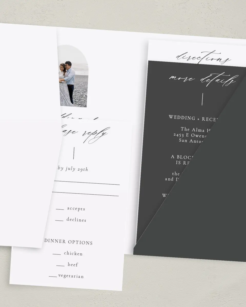 This is a 5" x 7⅞" Pocket Wedding Invitation called Quiet Scene printed in full color with Gold foil on Luxe Satin (coated) paper