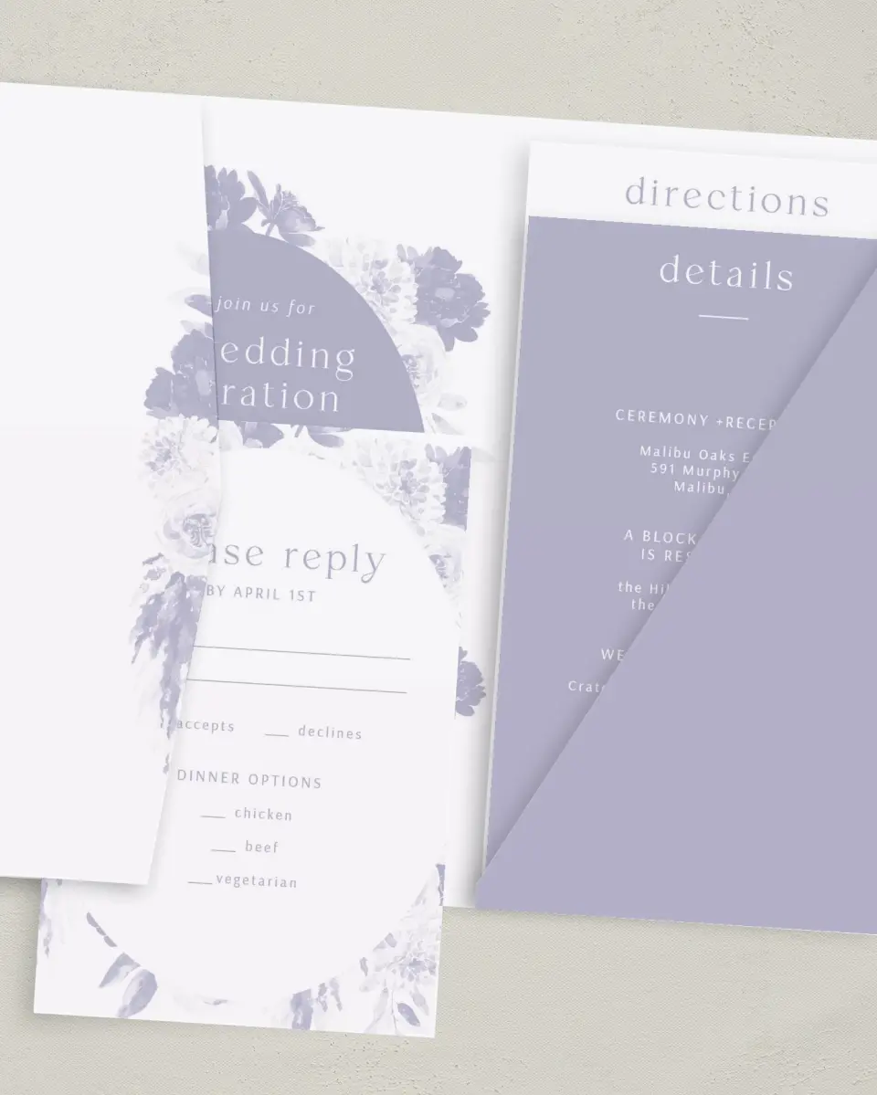 This is a 5" x 7⅞" Pocket Wedding Invitation called Sweet Botanical printed in full color on Premium Smooth paper