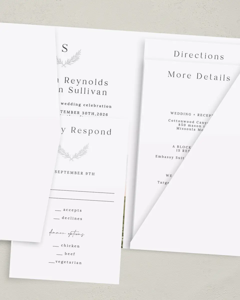 This is a 5" x 7⅞" Pocket Wedding Invitation called Soft Sprig printed in full color on Premium Smooth paper