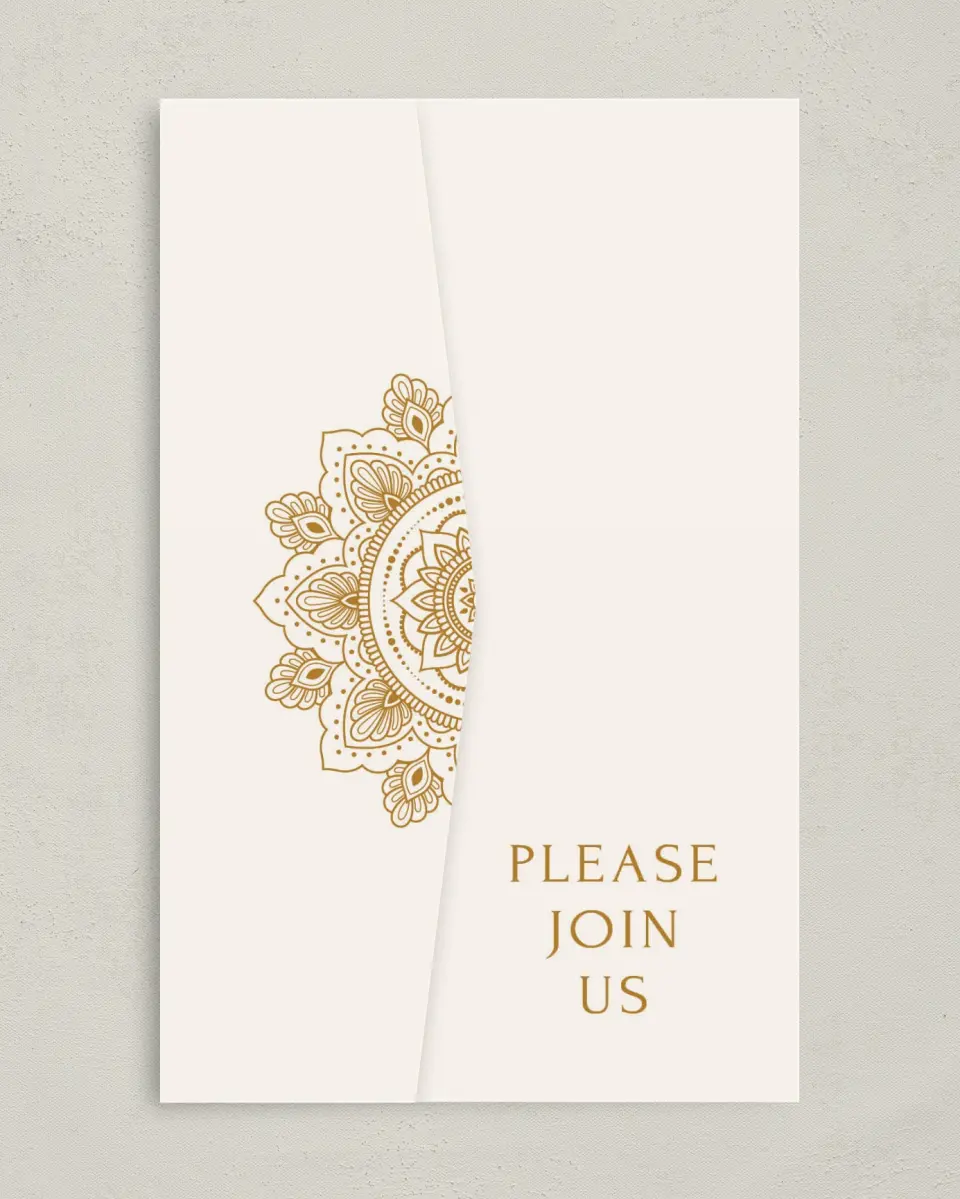 This is a 5" x 7⅞" Pocket Wedding Invitation called Indian Mandala printed in full color on Premium Smooth paper