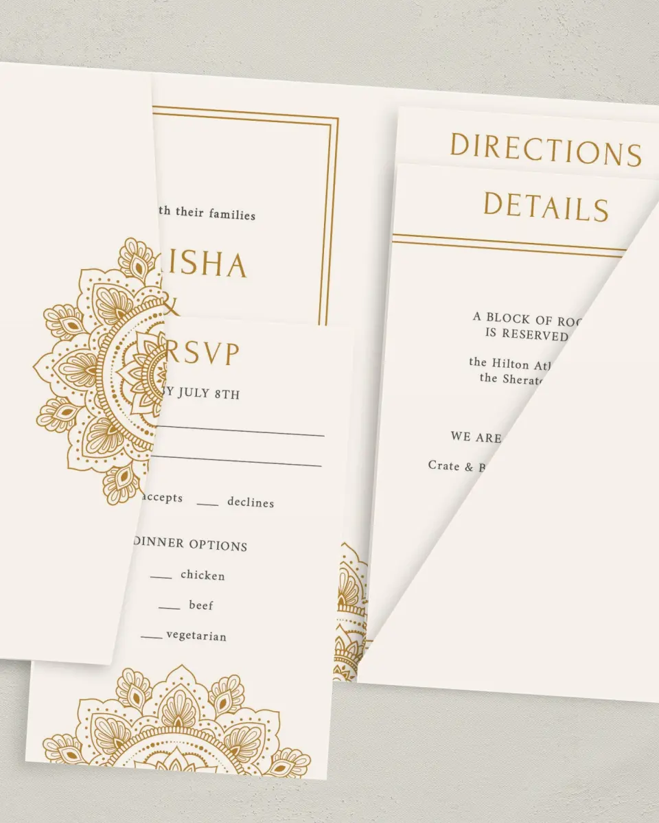 This is a 5" x 7⅞" Pocket Wedding Invitation called Indian Mandala printed in full color with Gold foil on Luxe Satin (coated) paper