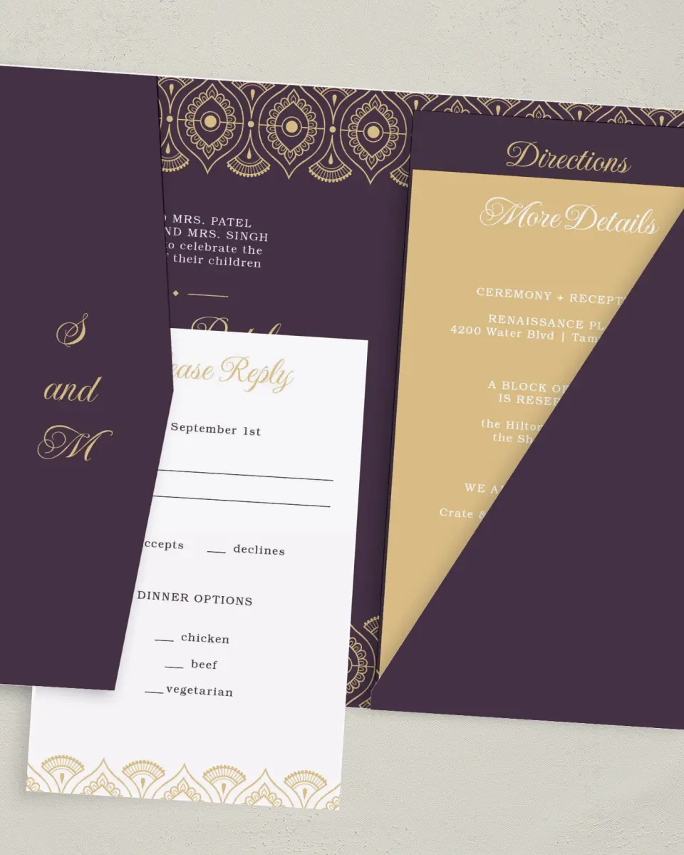 This is a 5" x 7⅞" Pocket Wedding Invitation called Royal Pattern printed in full color with Gold foil on Luxe Satin (coated) paper