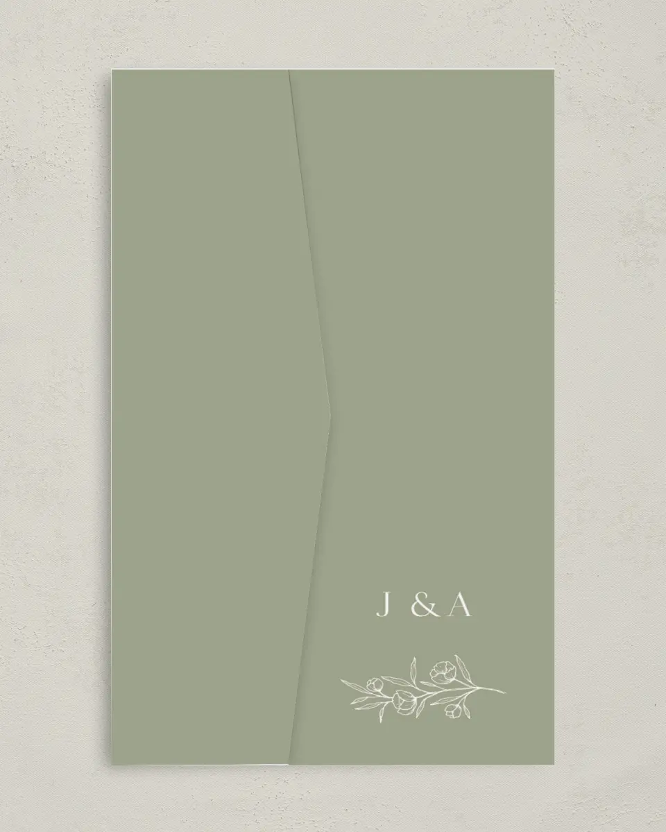This is a 5" x 7⅞" Pocket Wedding Invitation called The Jasmine printed in full color on Premium Smooth paper