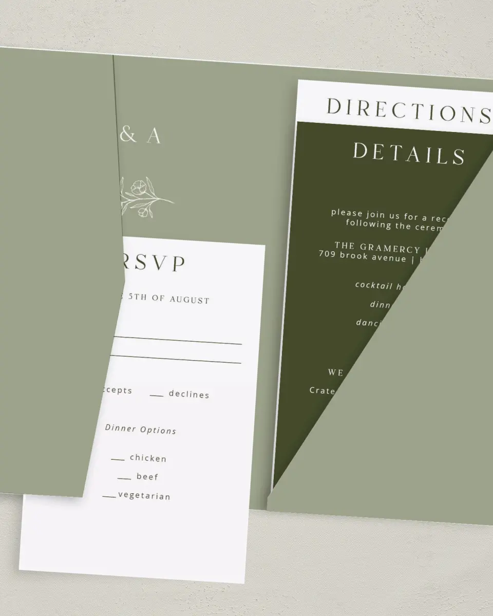 This is a 5" x 7⅞" Pocket Wedding Invitation called The Jasmine printed in full color with Gold foil on Luxe Satin (coated) paper