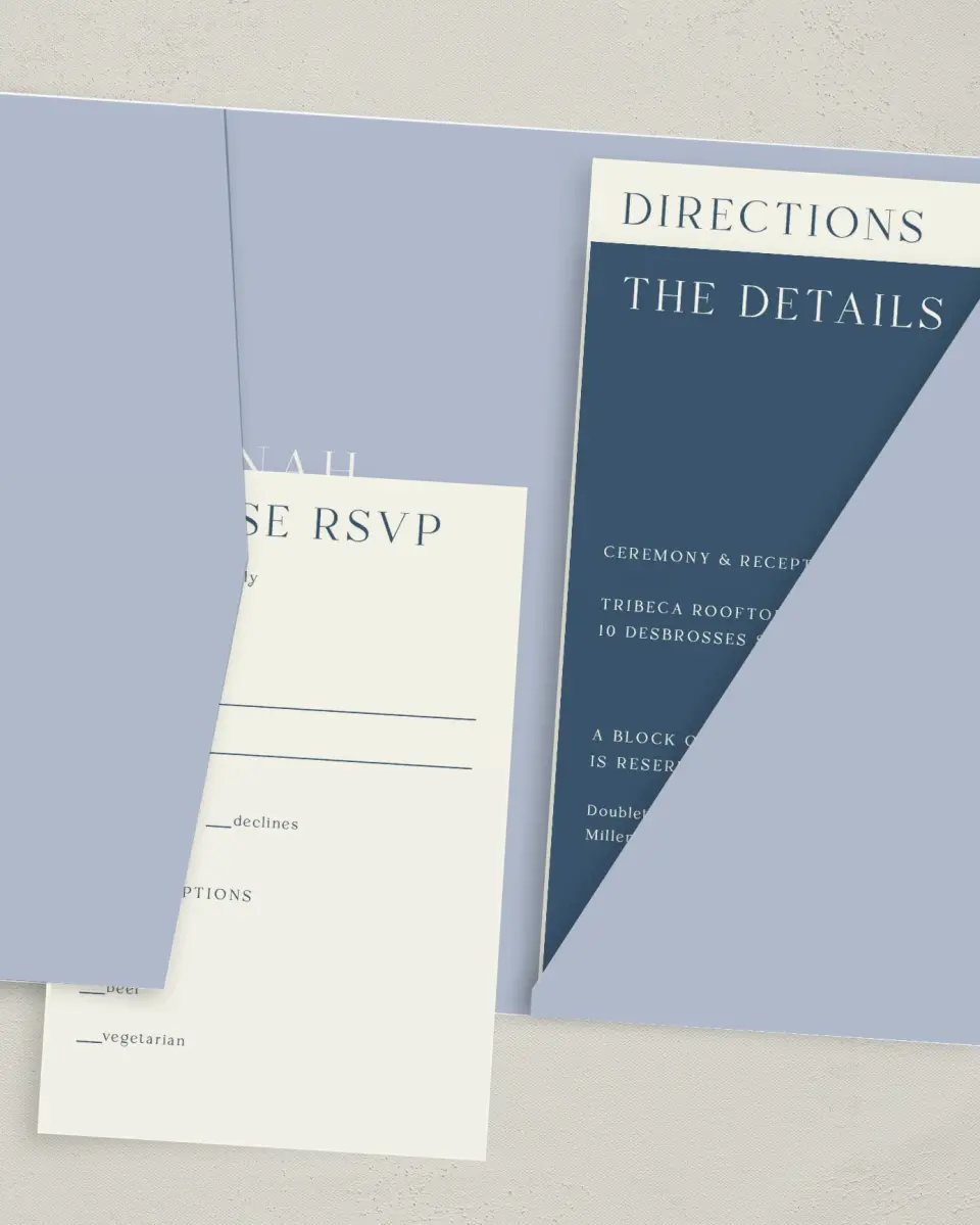 This is a 5" x 7⅞" Pocket Wedding Invitation called The Savannah printed in full color with Gold foil on Luxe Satin (coated) paper