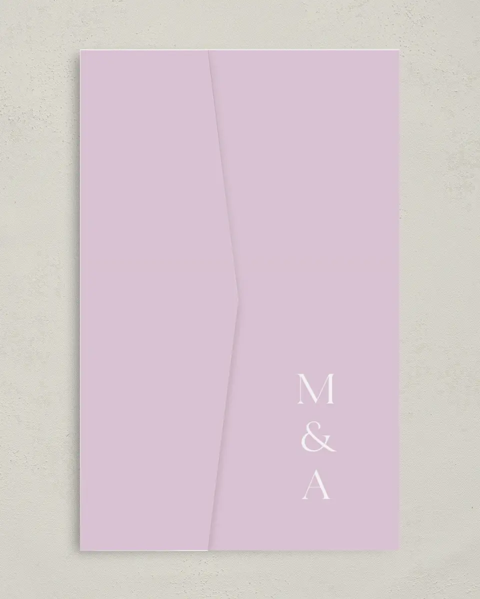 This is a 5" x 7⅞" Pocket Wedding Invitation called The Morgan printed in full color on Premium Smooth paper