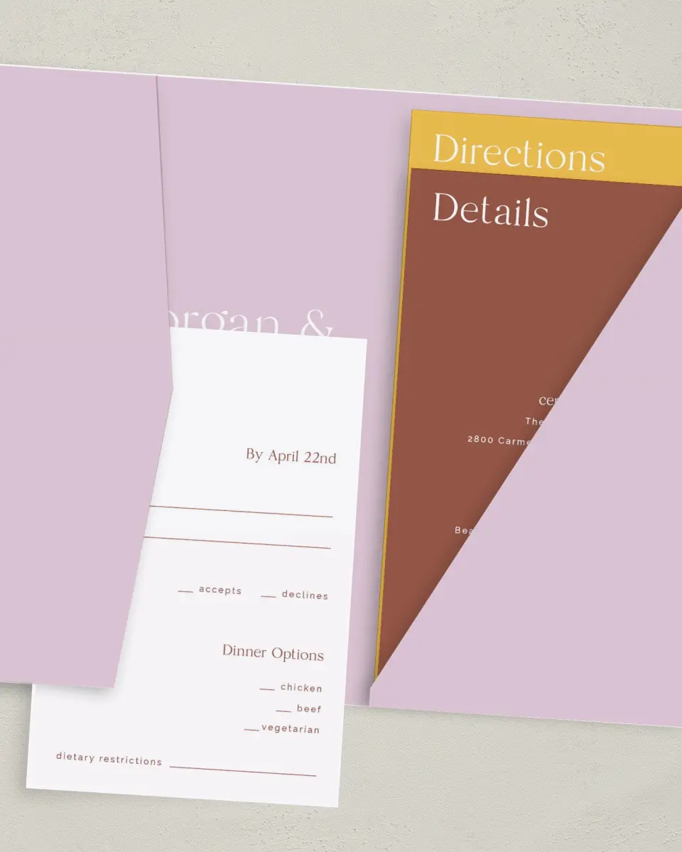 This is a 5" x 7⅞" Pocket Wedding Invitation called The Morgan printed in full color on Premium Smooth paper