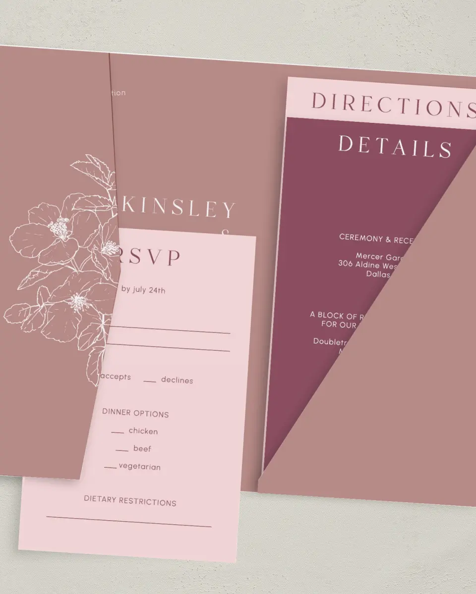 This is a 5" x 7⅞" Pocket Wedding Invitation called The Kinsley printed in full color with Gold foil on Luxe Satin (coated) paper
