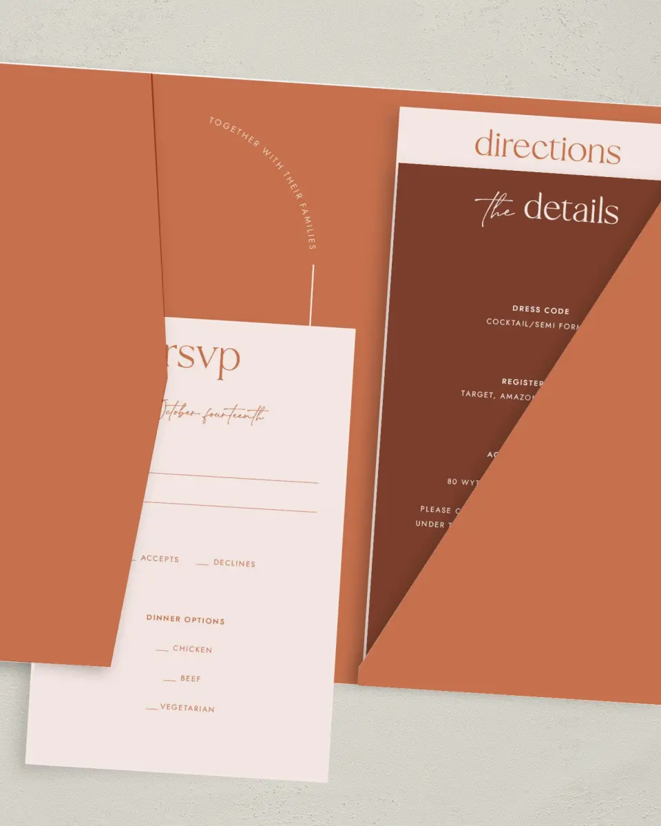 This is a 5" x 7⅞" Pocket Wedding Invitation called The Jaylin printed in full color with Gold foil on Luxe Satin (coated) paper