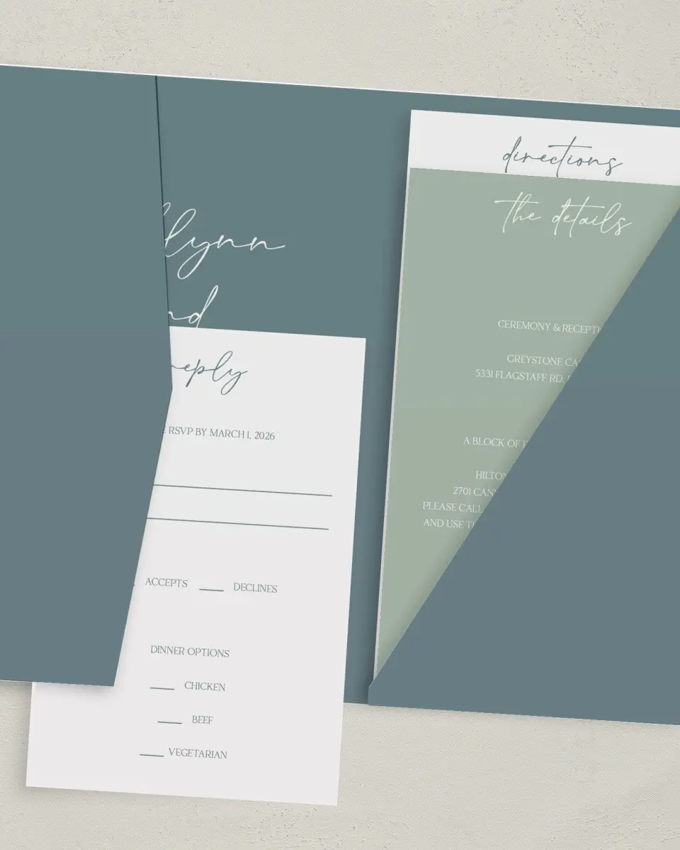 This is a 5" x 7⅞" Pocket Wedding Invitation called The Ashlynn printed in full color with Gold foil on Luxe Satin (coated) paper
