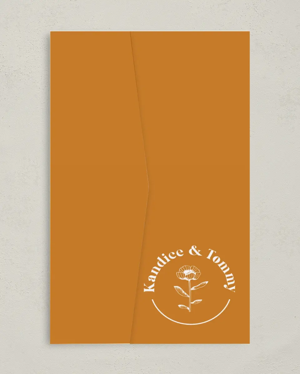 This is a 5" x 7⅞" Pocket Wedding Invitation called The Kandice printed in full color on Premium Smooth paper