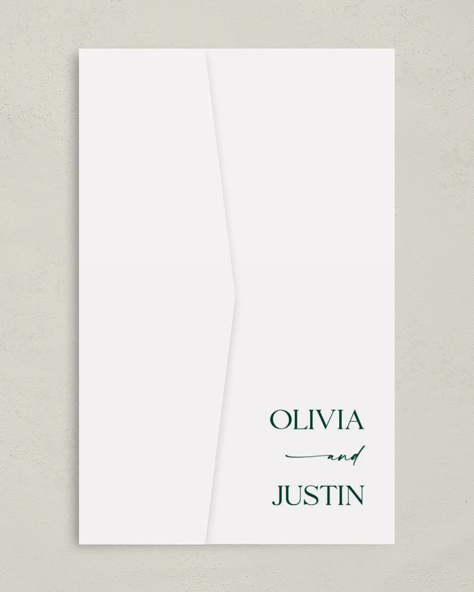 This is a 5" x 7⅞" Pocket Wedding Invitation called The Olivia printed in full color on Premium Smooth paper