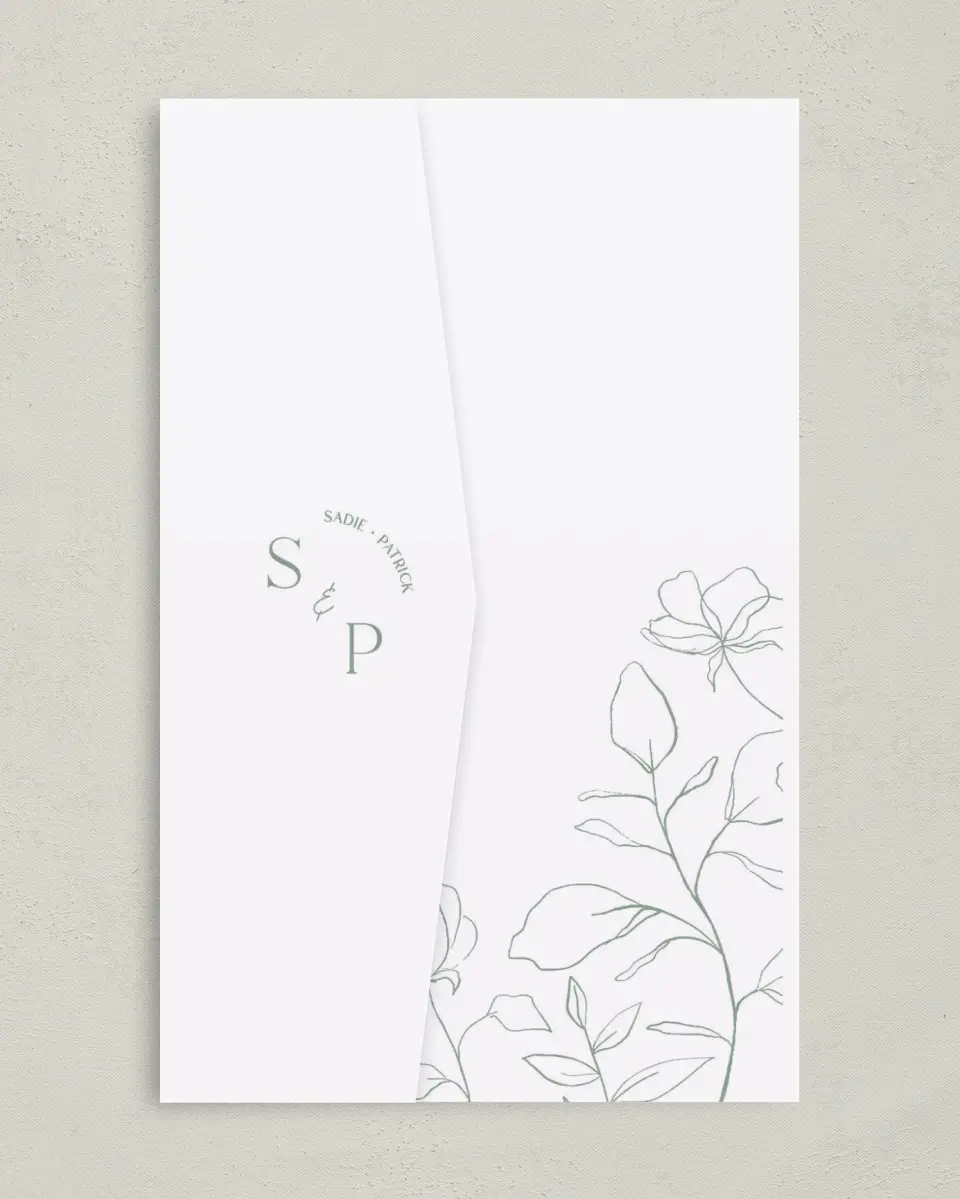 This is a 5" x 7⅞" Pocket Wedding Invitation called The Sadie printed in full color on Premium Smooth paper
