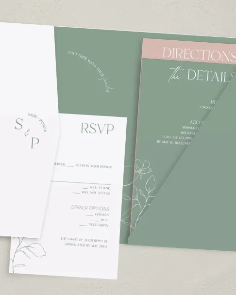 This is a 5" x 7⅞" Pocket Wedding Invitation called The Sadie printed in full color on Premium Smooth paper